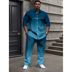 Men's Plus Size Casual Sport Suit Gradient Long Sleeve T-Shirt Pocket Drawstring Pants Polyester Blend Machine Washable Ombre Blue Trouser Clothes   i am gia track set