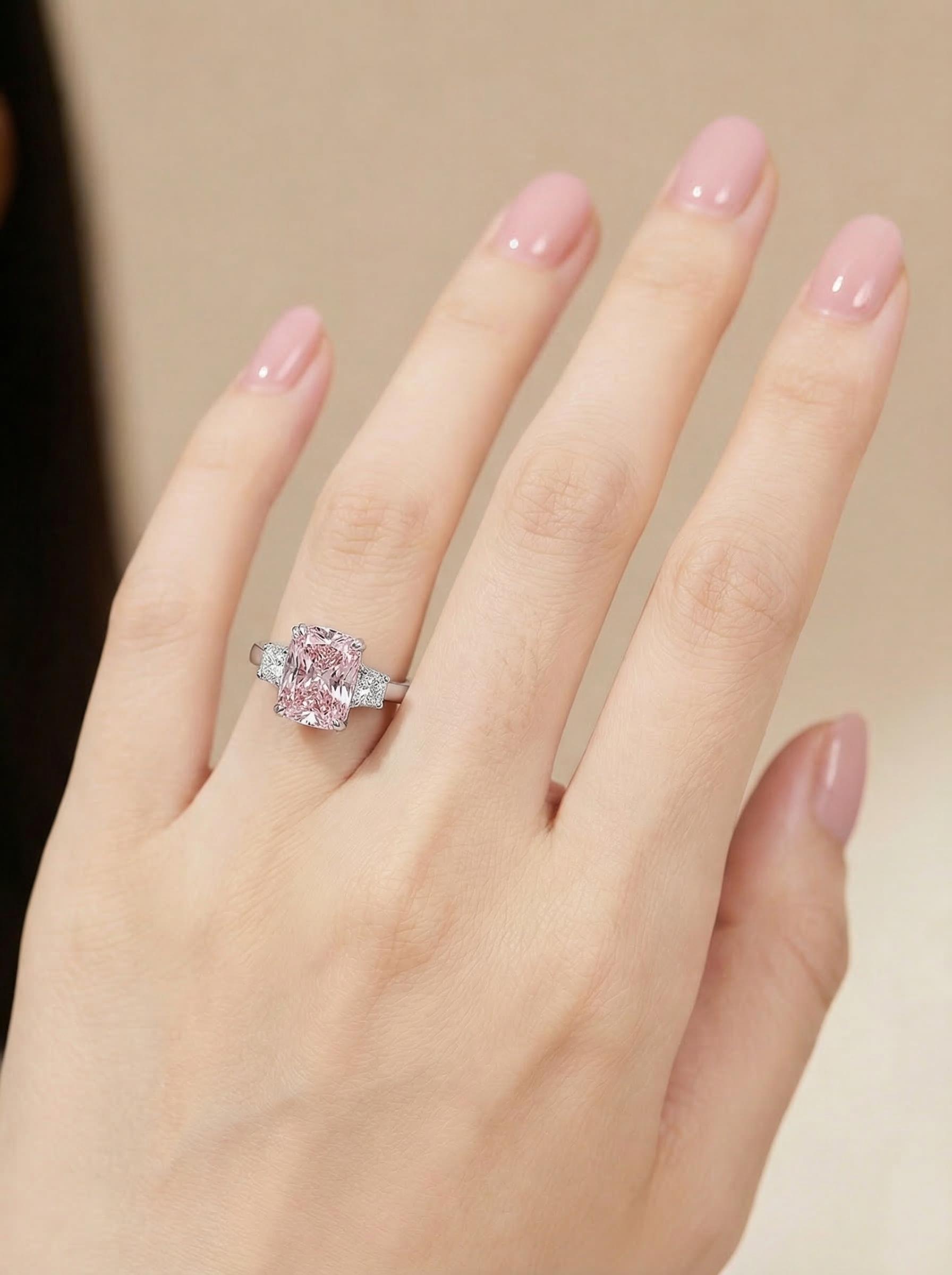 Luxury Cushion Cut Pink Diamond Ring, White Gold Plated Color Gemstone Ring, Elegant Party Index Finger Ring