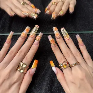 UltraBaddie "Sunset Nectar" | 100% Handcrafted 3D Floral Press-On Nails | Luxury Orange & Gold Long Square Nails | Reusable Salon Quality