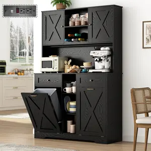 71" Tall 47"Wide Kitchen Storage Cabinet with Power Outlets,Farmhouse Kitchen Double Tilt Out Trash Cabinet 10X2 Gallon Garbage Holder with Two Drawers,Freestand Laundry Sort Cabinets