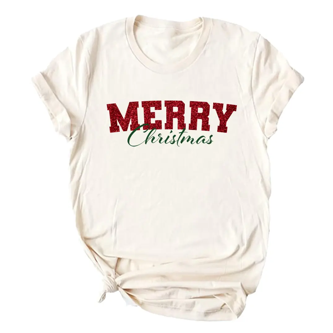 Women's Sequin Merry Christmas Graphic T-Shirt, Round Neck Relaxed Fit Tee - Top, Womenswear Cotton Loose