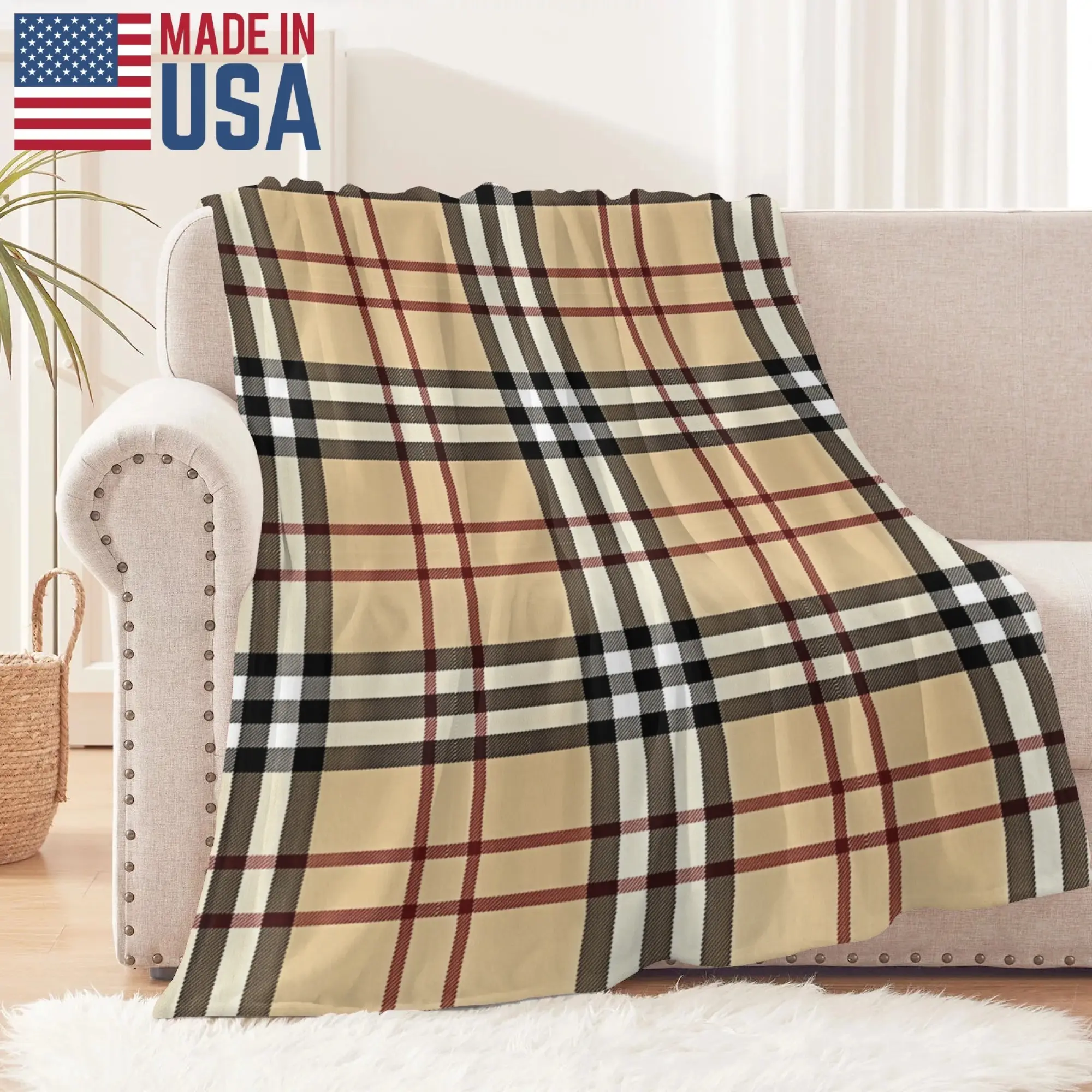 Classic Plaid Checkered Flannel Fleece Blanket - Warm Beige Brown Red Black, Flat Weave, Cozy Vibes, Soft Lightweight, Versatile Home Decor for Home/Travel Indoor Use (Bed, Sofa)