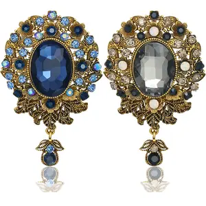 Black & Blue Brooch 2 PCS Vintage Teardrop Rhinestone Brooches Pins for Men Women, Large Crystal Diamond Flower Lape Pin Scarf Clips for Clothes Dress Hat Bag Party Decoration