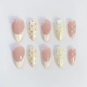 Cute Polka Dot Nails/Bow Nails/Yellow Nails/Pink Nails/Kawaii Nails/Fall Nails/Summer Nails/Pearl Nails/Birthday Nails/French Cute Nails