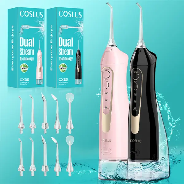 COSLUS CX20 2-Pack Rechargeable Portable Care Oral Irrigators - 300ml, 30-Day Batteries, 10 Nozzles, IPX7 Waterproof Silicone Toothcare Tool, Home & Travel Selfcare Accessory for Braces, Elderly, Fights Plaque, Tartar, Bad Breath, Great Gift