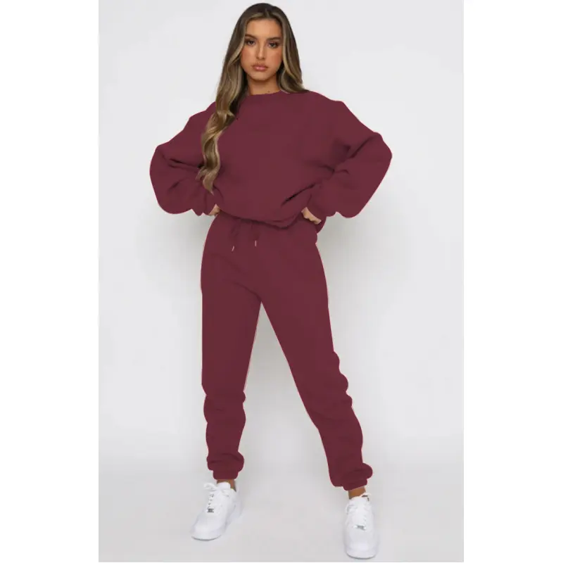Women's 2-Pieces Burgundy Solid Round Neck Loose Polyester Sweatshirt with Sleeves & Ribbed Hem Drawstring Jogger Pants Set, Lady's Autumn Casual Wear with Pockets, Flattering Fit, Basic, Clothes