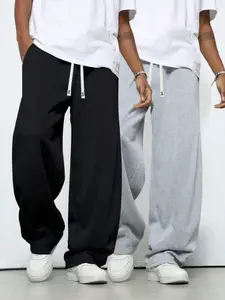 2pcs/Set Unisex Wide Leg Pants WithDrawstring Waist, Solid Color CasualPants With Elastic Waist And PocketsSuitable For Four Seasons, Perfect ForEveryday Wear