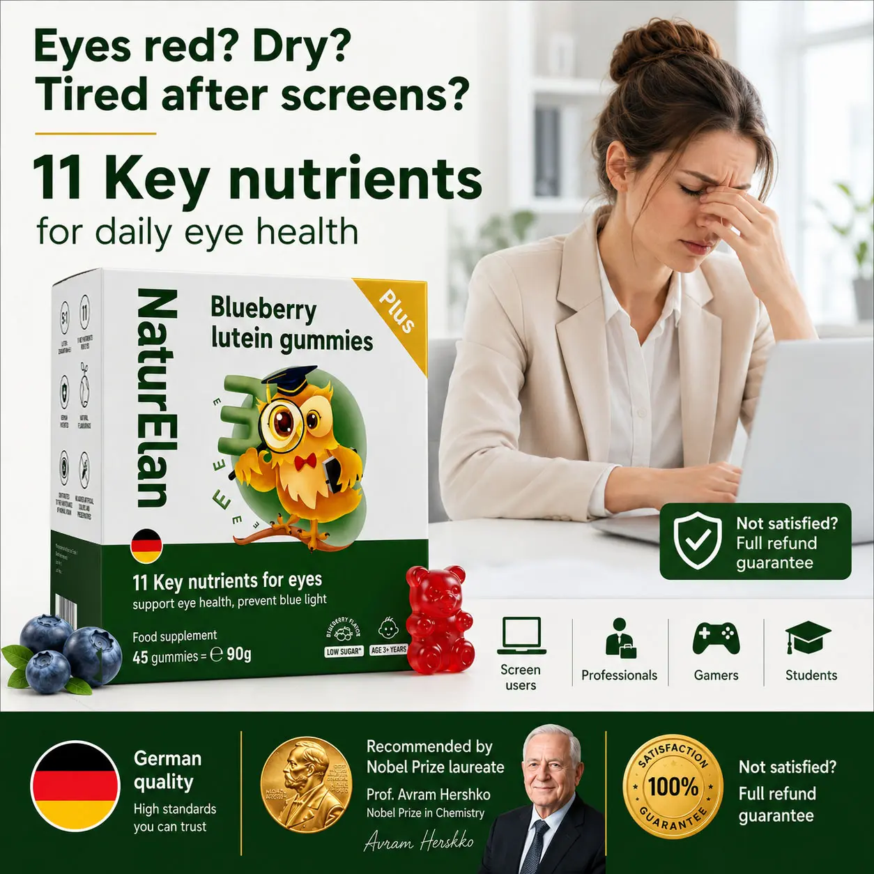 NaturElan Nobel-Grade Eye Health Gummies | Blue Light Support, Eye Fatigue Relief & Vision Support for Screen Users | Sugar Free Edible Dietary Supplements Eye Vitamins
