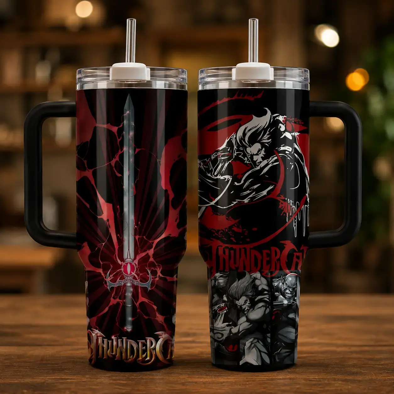 [Gift box & Starw] Retro Thunder Cats 40oz Travel Mug With Handle, Red Black Warrior Cat Design Stainless Steel Insulated Tumbler Cup With Straw