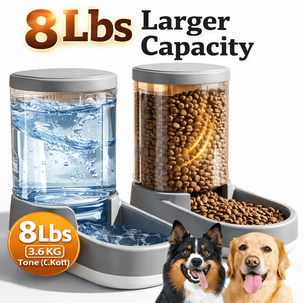 2-in-1 Automatic Feeder & Water Dispenser Food Feeder, 8L/8lbs Large Capacity Uncharged Plastic Unit, Fresh-Flow System, Always Reliable, Keeps Food Fresh & Water Clean, Less Refilling, Ideal for Multi-Pet Homes