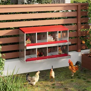 8-Compartment Chicken Nesting Box with Perch & Secure Lid, Metal Design, Versatile Wall-Mounted or Free-Standing, Ideal for Hens, Red