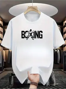Men's Heavy-Duty Boxing T-Shirt 100% Cotton Preshrunk - Bold Boxing Gloves & Boxer Print, Double-Needle Stitched Neckline & Hems, Breathable Short Sleeve Gym Top for Training, Casual Wear (Sizes S-XXXL) - Black/White Streetwear Boxing