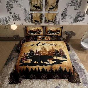 Lodge Cabin Comforter Set,Wild Bear Pine Trees Cartoon Mountain Bedding Set for Kids Teens Adults,Retro Grid Animal Paw Print Comforter Duvet Set