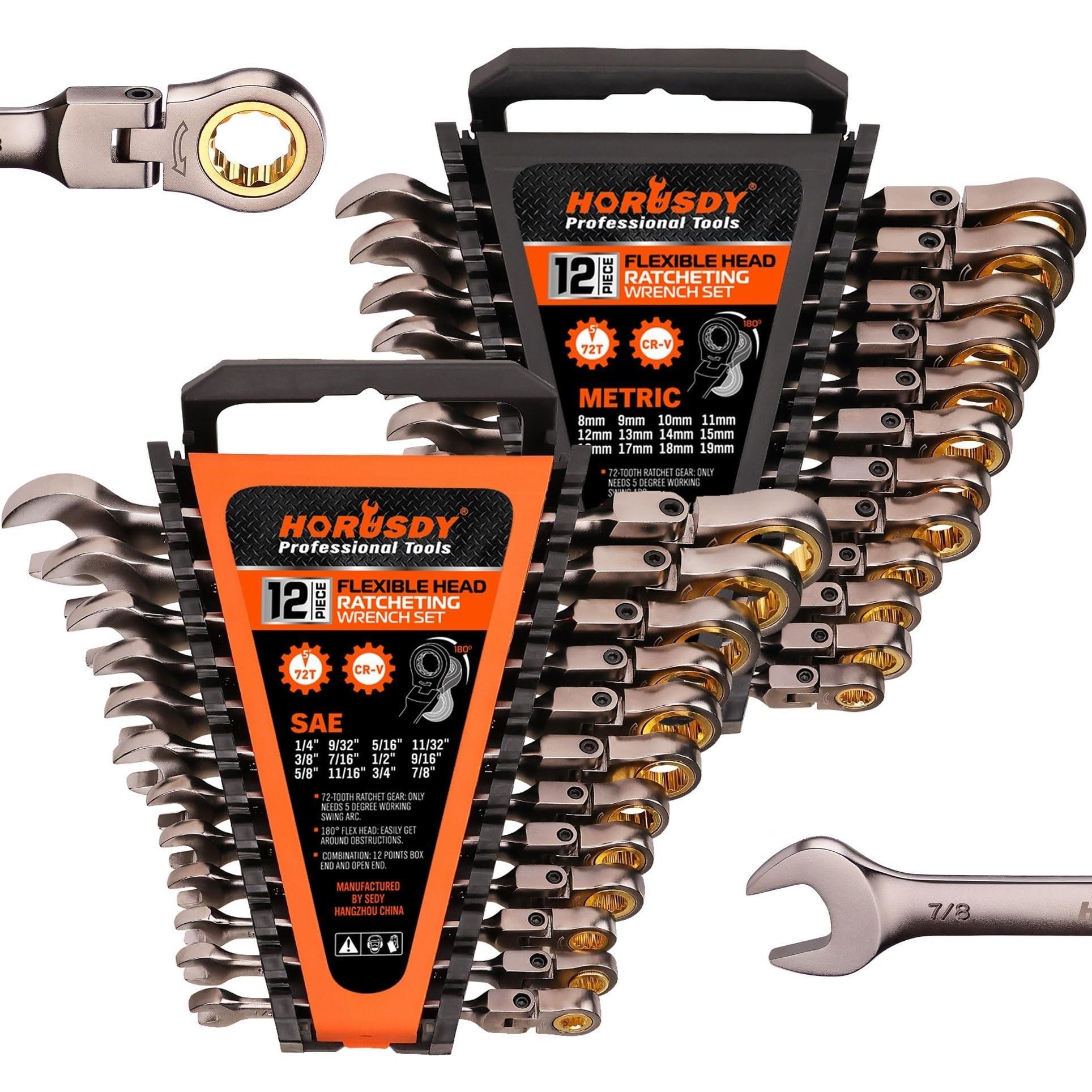 HORUSDY Flex-Head Ratcheting Wrench Set Metric and SAE Ratchet Combination Wrenches Set with Organizer 72-Teeth Chro