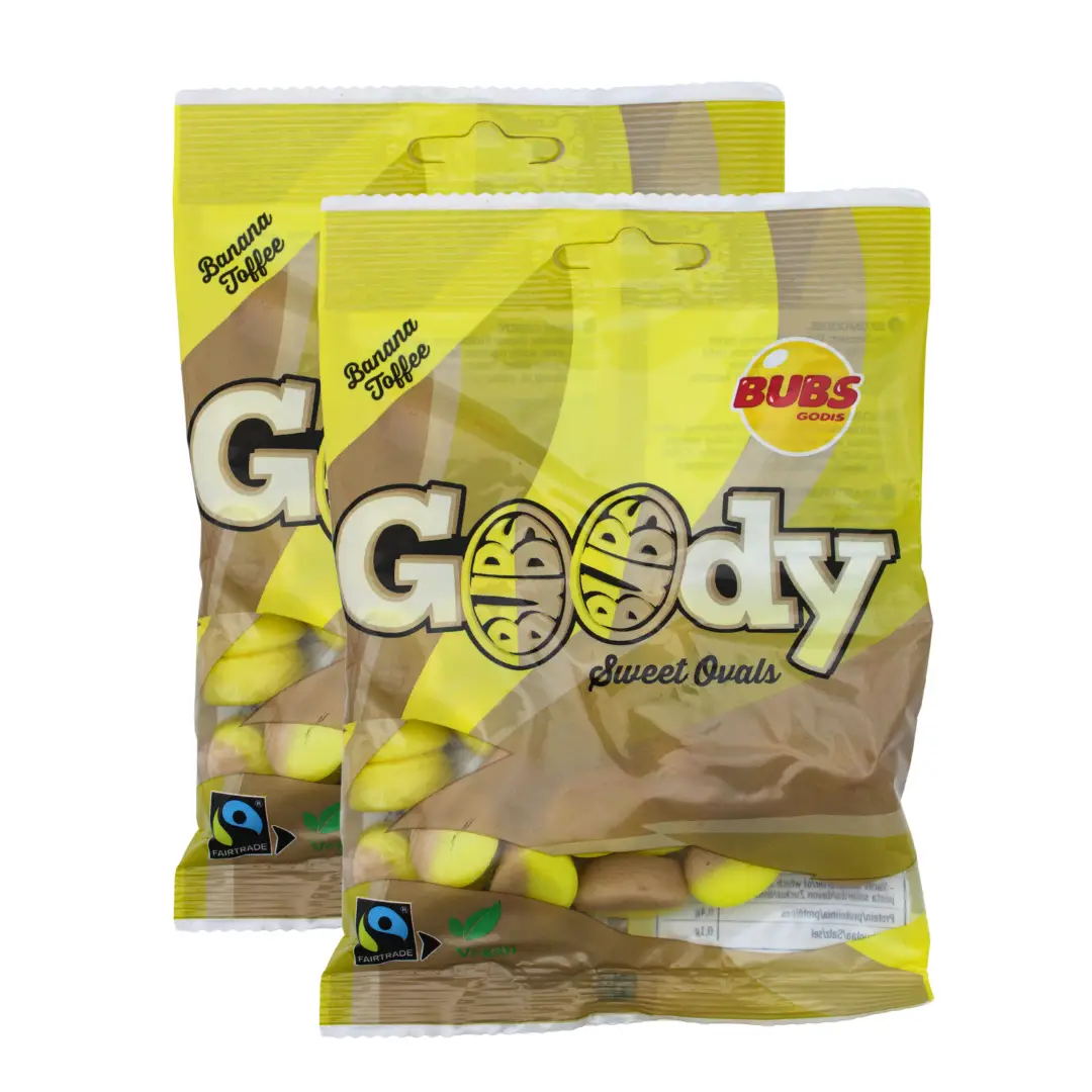 Bubs Banana Toffee Foam Candy, Pack of 2 x 90g bags, Swedish Vegan Gummies Snack Sweet