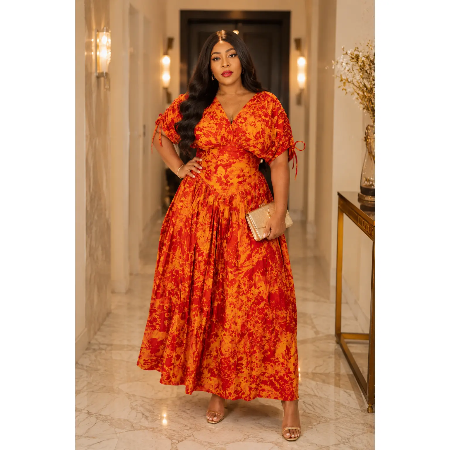 Women's Ife Luxe Flow Adire-Inspired Maxi Dress - Handcrafted African Casual Gown, Aso Élan, Everyday Elegance, Adjustable Fit, Lightweight, Soft, Ruched Sleeves