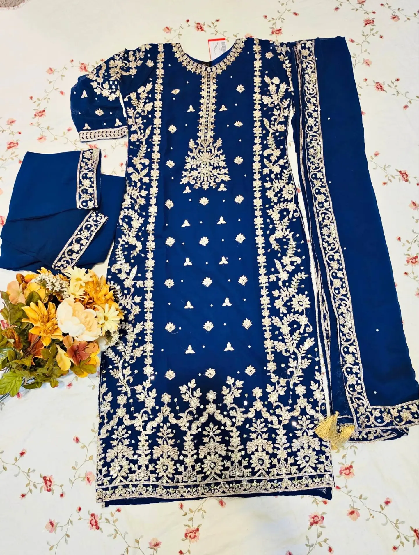 Royal blue Elegant work on front n back with work dupatta n pent palazzo work on bottom as you can see in the pics Embroidered Suit