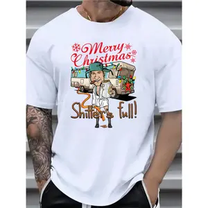 1pc Vintage Style Christmas Graphic Tee, Men'S Casual Plus Size T-Shirt with "Merry Christmas Shitter'S Full" Print, Polyester Knit Fabric, Round Neck, Loose Fit, Summer Season Top