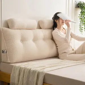 BEKRVIO Premium Teddy Velvet Headboard Pillow with 2 Neck Roll Pillows & Side Pocket Ergonomic Design for Comfortable Reading & Sleeping Modern Bed Frame Upholstered Bed in Light Beige