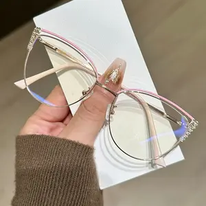Fashion Stylish Rhinestone Metal Eyewear For Ladies, Photochromic Anti Blue Light Non Prescription Flat Mirror Glasses