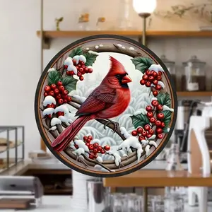2D Round Christmas Cardinal Wreath Aluminum Sign Elegant Bird Wall Decor