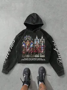 Unisex Gothic Cathedral Stained Glass Graphic Hoodie - Vintage Dark Aesthetic Oversized Sweatshirt with Gothic Lettering Sleeves for Streetwear Enthusiasts Graphic Hoodies