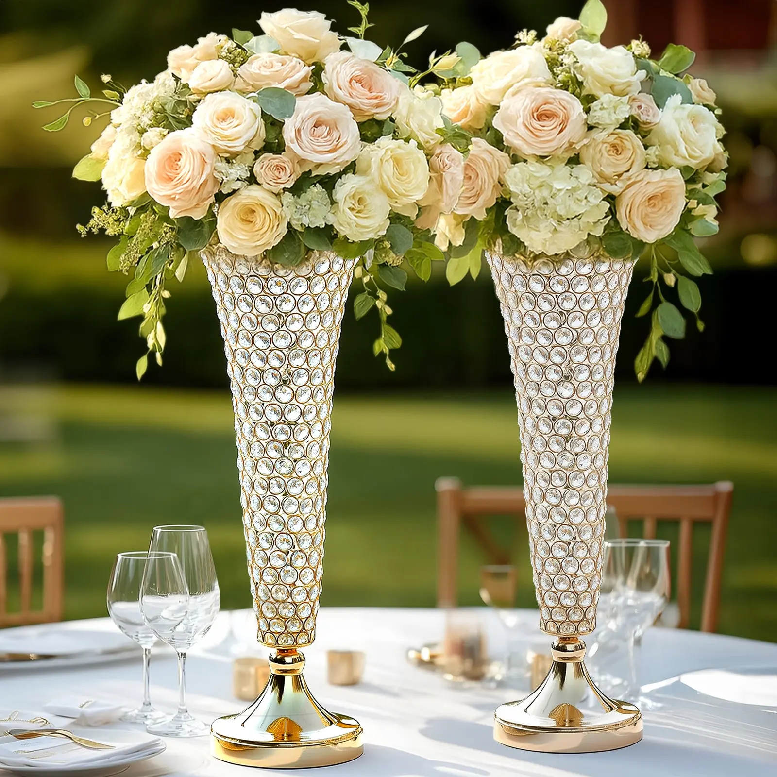 2-Pack Crystal Beaded Gold Trumpet Vases (22in) - Decorative Home Decor Pieces, Table Centerpiece for Stylish Spaces, Fits Artificial & Acrylic Fillers, Decorative Vases For Home Decor, Artificial Vases