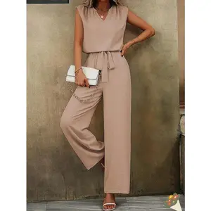 Women’s fashion set: sleeveless minimalist khaki casual basic pants set, suitable for U.S. shipping