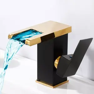 Waterfall Bathroom Faucet Black&Gold Led Light Spout Single Handle Lavatory Vanity Sink Faucet One Hole Bath Basin Deck Mount Commercial