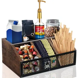 Coffee Station Organizer Bar Coffee Creamer Holder for Countertop Tea Condiment Pod Wooden Storage Basket Rustic with Iron Mesh for Accessories Organizer Decor(Dark Brown,Classical) Compartment Gift