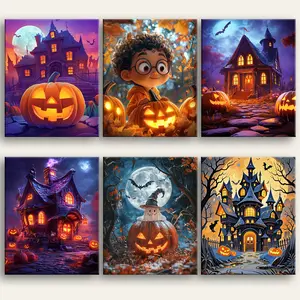 Halloween Paint by Number Kit Canvas Art Painting Kits for Beginners with Spooky Pumpkins and Haunted Houses Designs
