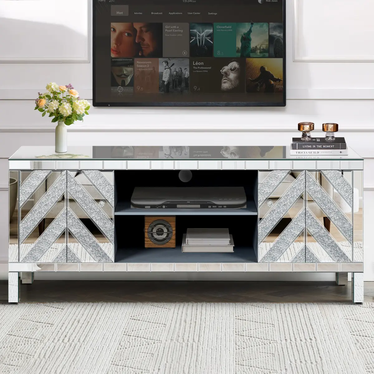 Silver Contemporary Look Glass Mirror Console Table with Crushed Diamond Decor, Open Shelving, 2 Storage Cabinets & M-Shape Sparkling Doors, Pedestal Base Living Room Furniture Tv Frame Tv Shelf tv stand living room tv stand tv stands living room fathersd