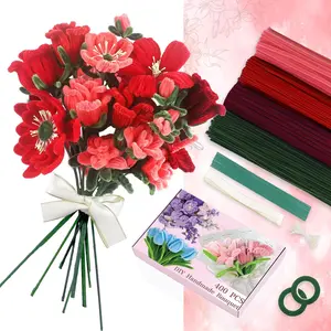 400 Pcs Red Pipe Cleaners Craft for Flowers, 4 Colored Pipe Cleaner Flower Kit, Pastel Chenille Stems for Handmade Bouquet Wrapping Party Decorations with Floral Wire, Ribbons, Tape
