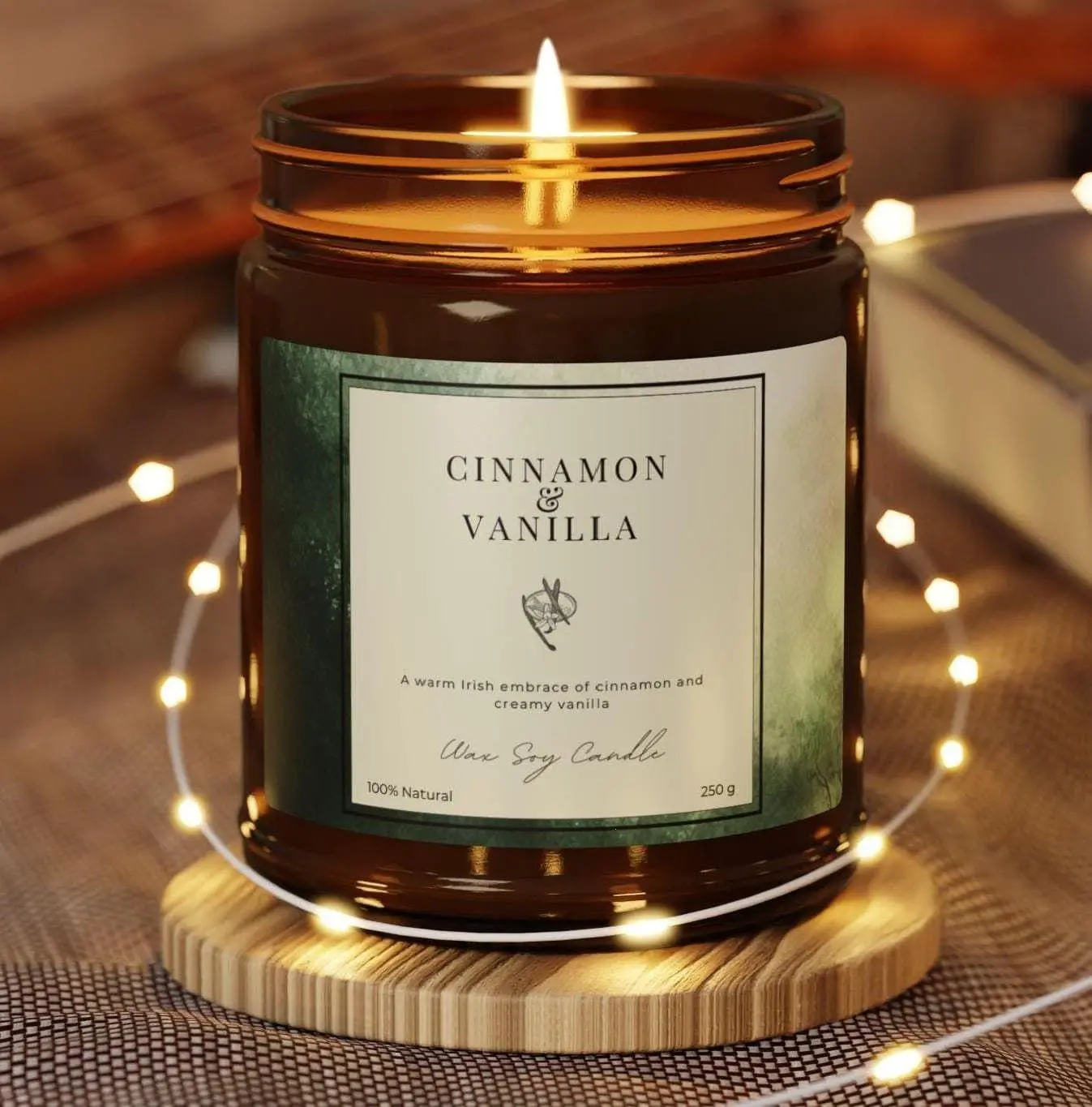 Cinnamon and Vanilla Scented Soy Candle Amber Jar 9oz. Christmas in a jar, 100% Natural, festive candle, non toxic