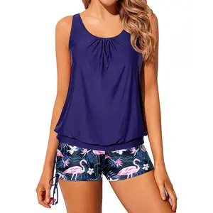 Yonique Blouson Tankini Swimsuits for Women Two Piece Bathing Suits Tops with Boyshorts Modest Loose Fit Swimwear Ladies Swimsuits for Older Women Tummy Control Swimsuits with High Waisted Boy Shorts