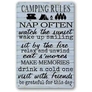 Camping Decor For Camper Camping Rules Sign Rv Decorations For Inside Retro Outdoor Bar Aluminum Signs Lake House Wall Decor Campers Camp Poster Accessories