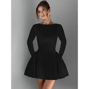 Women's Plain Long Sleeve Dress, Elegant Solid Color Back Zipper Party Club Holiday A-line Mini Dresses for Women chiffon material glimmer interview gold flower Ruched Glitter mist red green pink sparkly yellow silk lace baroque white real prom chic