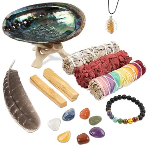 Variety Sage Smudge Kit – White Sage, Dragons Blood Sage, Chakra Sage, Palo Santo, Abalone Shell, Lava Chakra Bracelet, 7 Chakra Stones, Smudging Feather & Smudging Guide