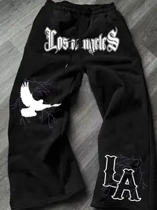 Men's Casual Sporty Long Pants, Los Angeles & Lightning Pigeon Graphic Print, Drawstring Wide Leg Loose Fit, All Season Wear, Casual Comfy Sweatpants, Sports Casual Pants, Athleisure Design, Athleisure Bottoms