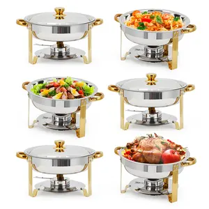 Chafing Dish Buffet Set of 6, 5QT Round Stainless Steel Chafer for Catering, Upgraded Chafers and Buffet Warmer,Fuel Holder for Party Wedding Holiday Tray Handles