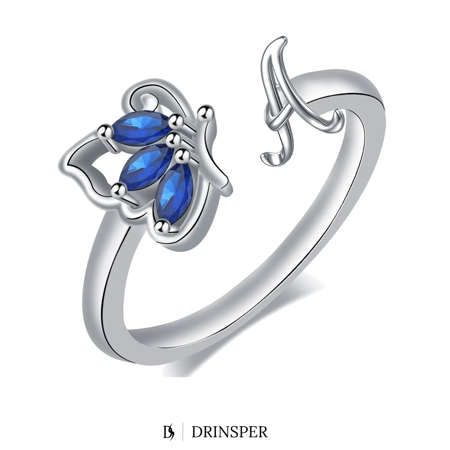 DRINSPER Butterfly Initial Ring for Women, Adjustable Silver Plated Copper Ring with Blue Marquise-Cut Cubic Zirconia Stones, Personalized Letter A Butterfly Jewelry Gift for Birthday Anniversary Faith Inspired Style