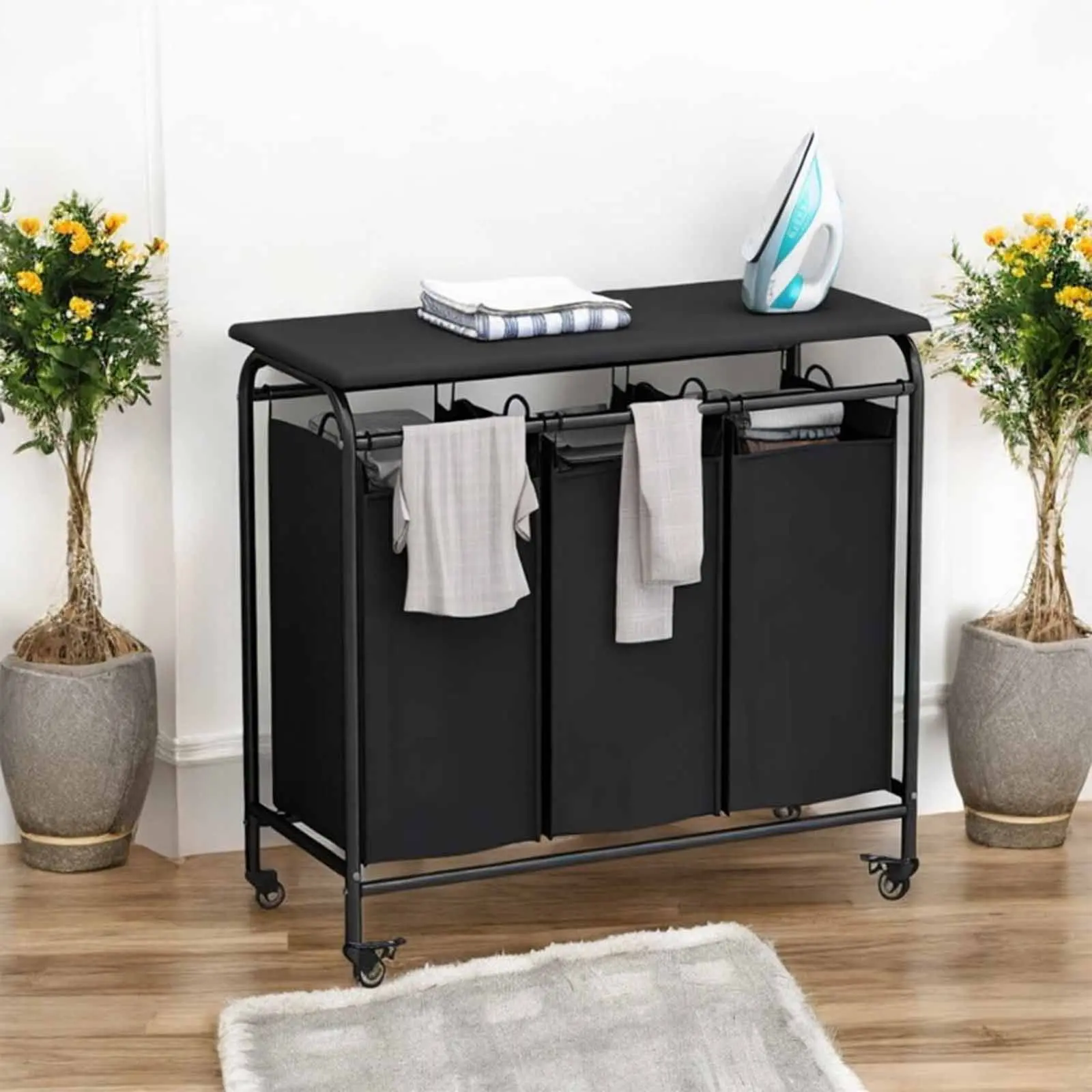 INGIORDAR Metal Rectangle French Country 3-Bag Industrial Laundry Hamper & Sorter, Heavy-Duty, Rolling Wheels, Removable Degradable Dustproof Bags, Convenient Ironing Board Compatible Home Organizer Storage Basket
