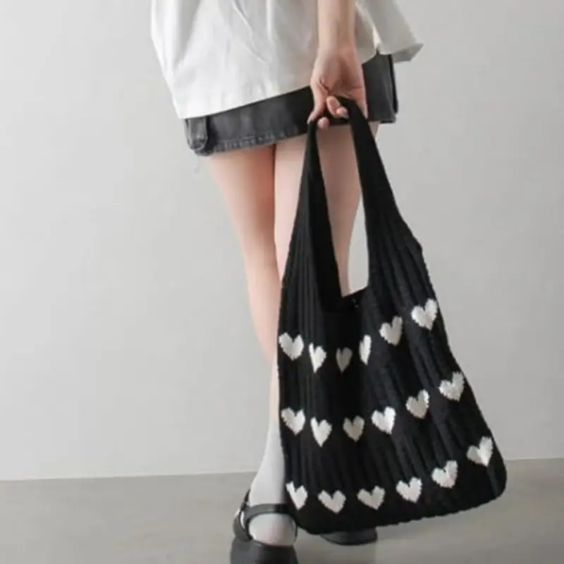 Heart Pattern Knit Tote Bag - Casual Shoulder Bag for Everyday & Weekend Outings