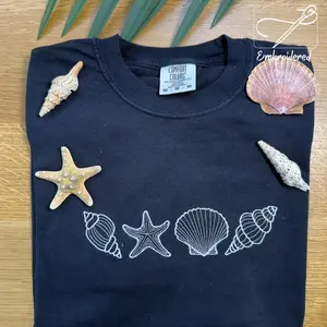 Comfort Colors Coastal Embroidered T-Shirt, Seashell & Starfish Tee, Beach Vibes Top, Custom Thread Color, Ocean Aesthetic, Cute Embroidered Summer Gift Idea