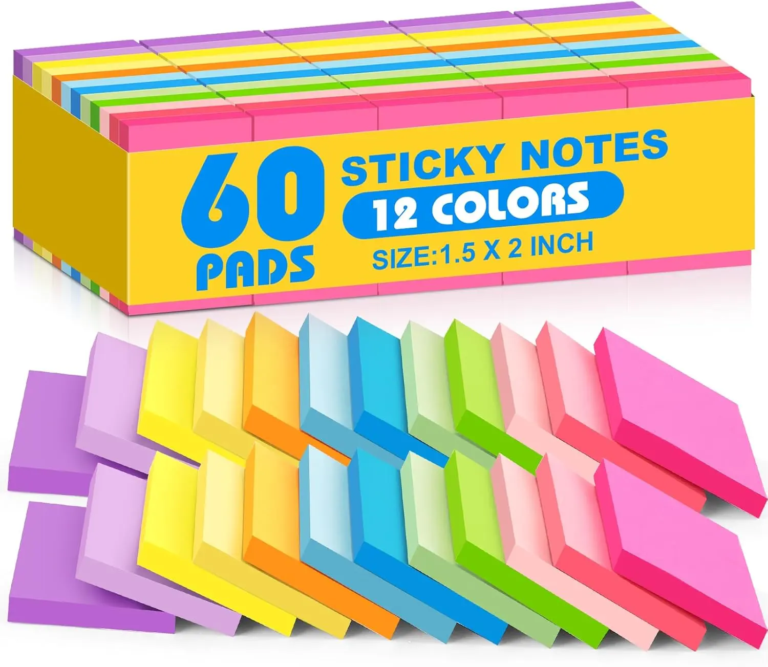60 Pack Mini Sticky Notes 1.5 x 2 Inch – 12 Bright Colors Self-Stick Note Pads for School, Office & Home