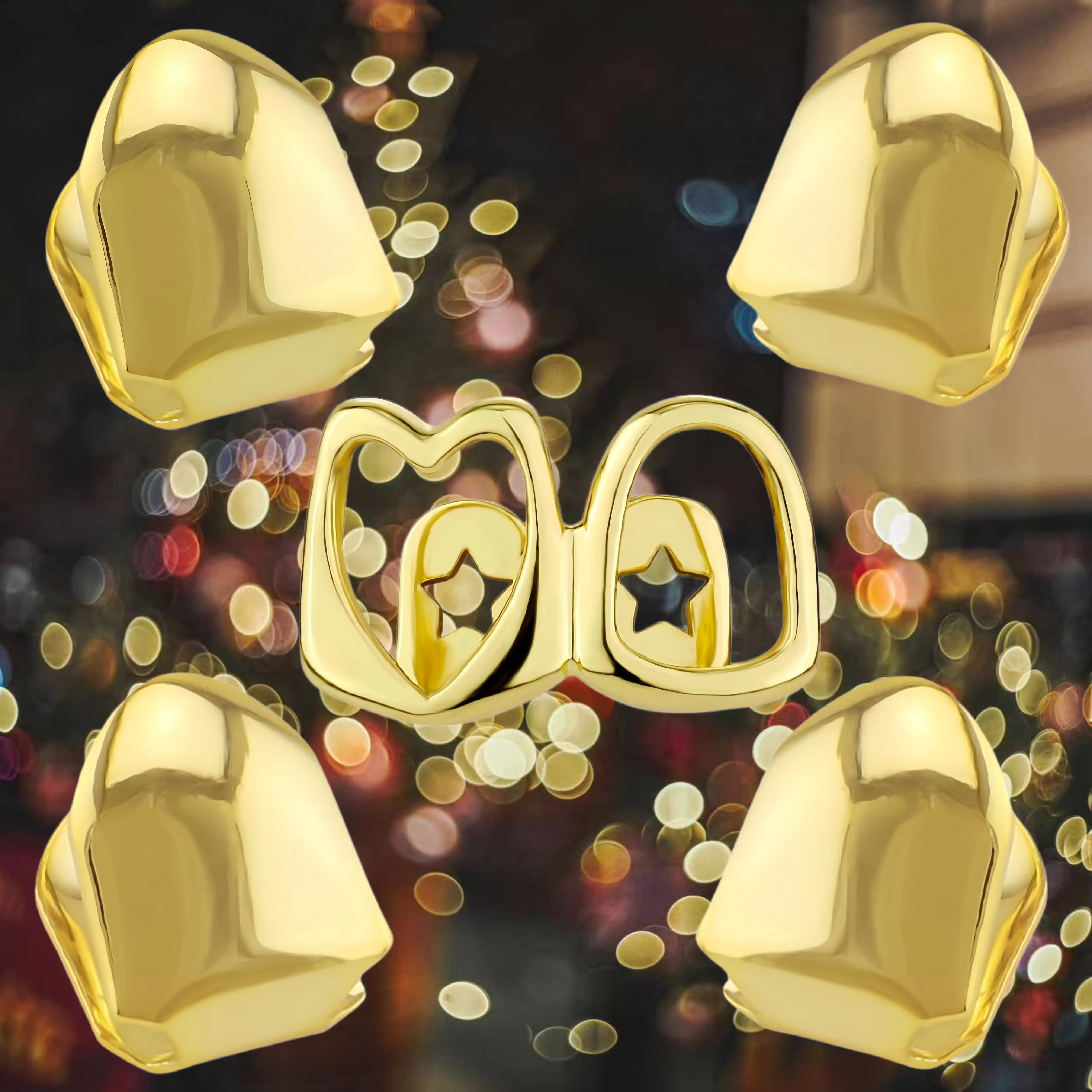 Unisex Gold-Plated Hollow Heart-Star Teeth Grillz Set - 5 Pieces Hip Hop Jewelry, Easily Remove Tooth Caps, Punk Decor for Rapper Cosplay, Christmas Party Gift Fashion Accessory, Teeth Caps