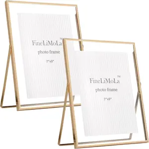 Gold 8x10'’ Floating Picture Frame 2Pack,for Photo Sizes(5x7,6x8 & 7x9),Sleek Beaded Metal Frame,Adjustable Tabletop/Shelf Photo Frame,for Wedding andHome Decor