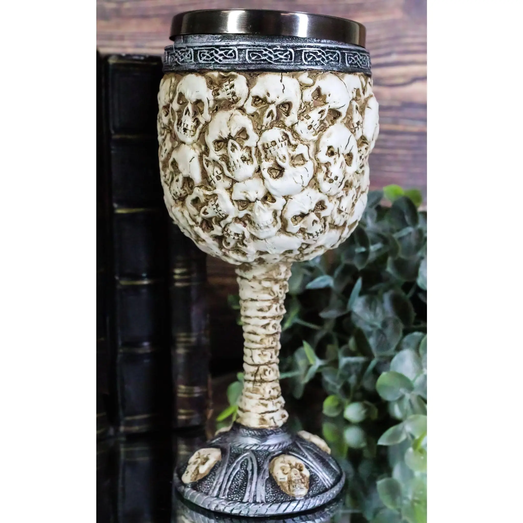 Gothic Look Steel Wine Cup - 5oz Goblet Chalice with Ossuary Skull Heaps, Piled Skeletons & Ghost Design