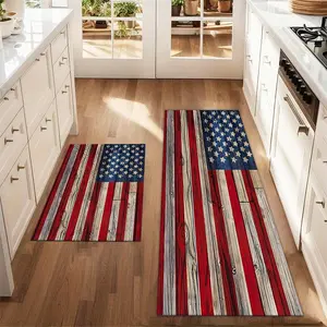 2Pcs Independence Day Flag Floor Mat Set Five pointed Star Red Stripe Wood Grain Background Printed Carpet Farmhouse Anti fatigue Kitchen Carpet Anti slip Washable Kitchen Floor Sink Laundry Room Decoration Carpet Mat