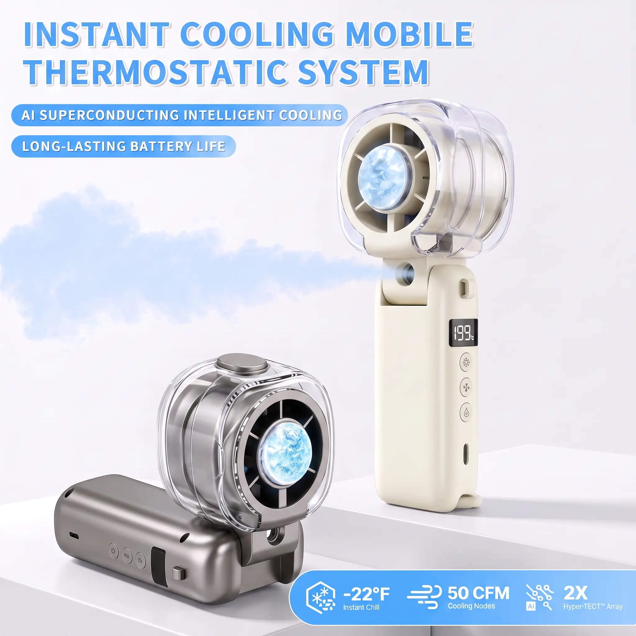 Handheld High Speed Fan with Semiconductor Cooling & Mist Spray, Portable Rechargeable Fan, 199 Adjustable Speeds Mini Desk Fan for Summer Outdoor Travel